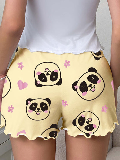 Women's pajama shorts with panda print and bow – cute sleepwear for spring & summer, casual style