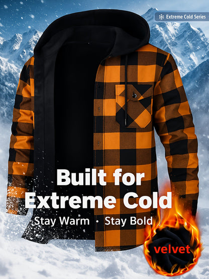 Men's checked flannel shirt with hood, lined, warm casual jacket, long sleeve