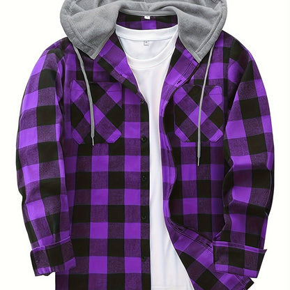 Men’s plaid hooded shirt with button placket