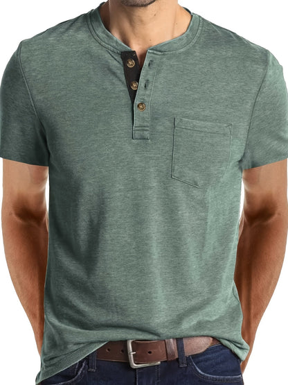 Herren Henley T-Shirt Kurzarm Casual Freizeitshirt mit Knopfleiste und Brusttasche
