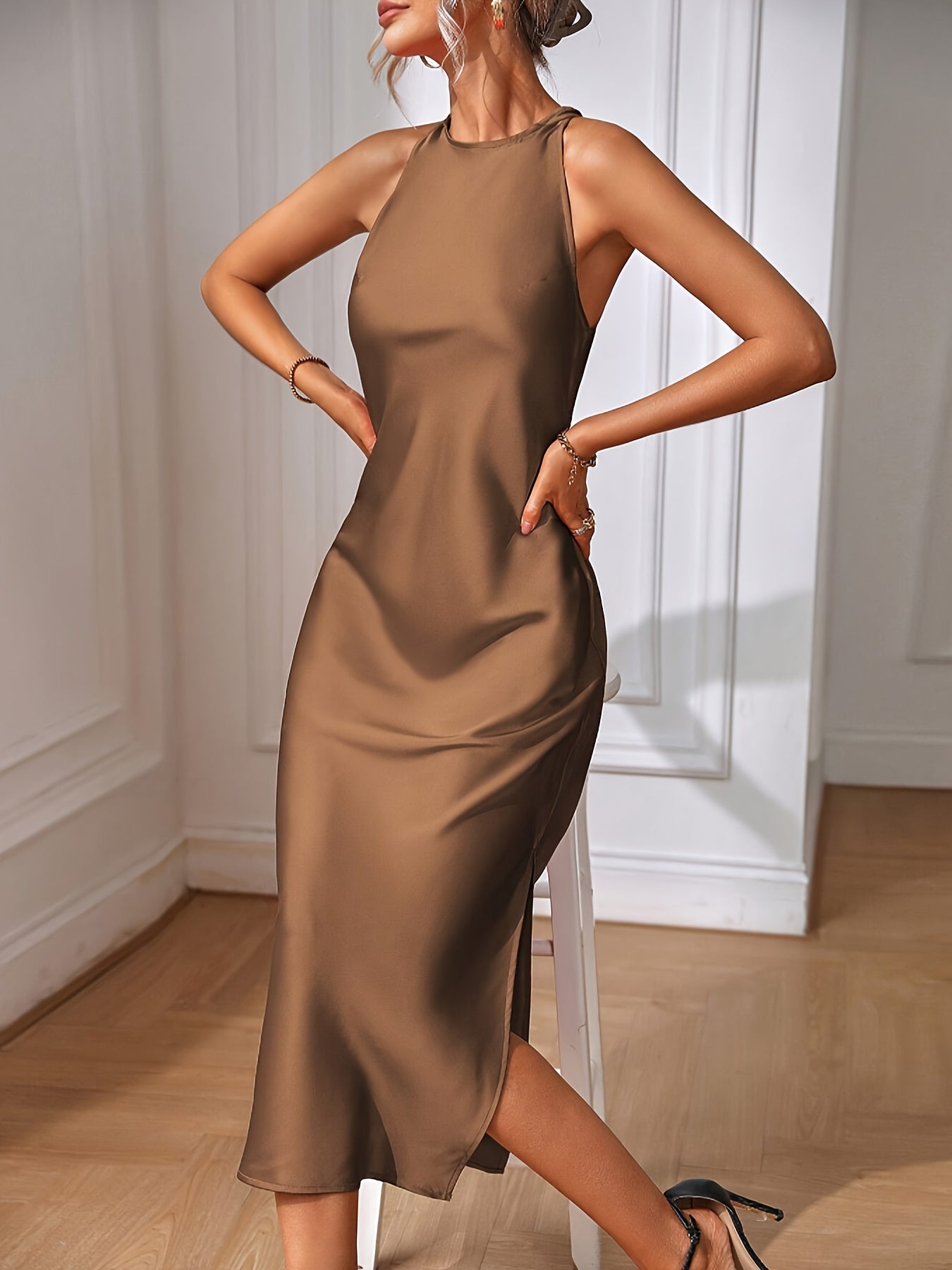 Women's Elegant Midi Dress with High Neckline for Special Occasions