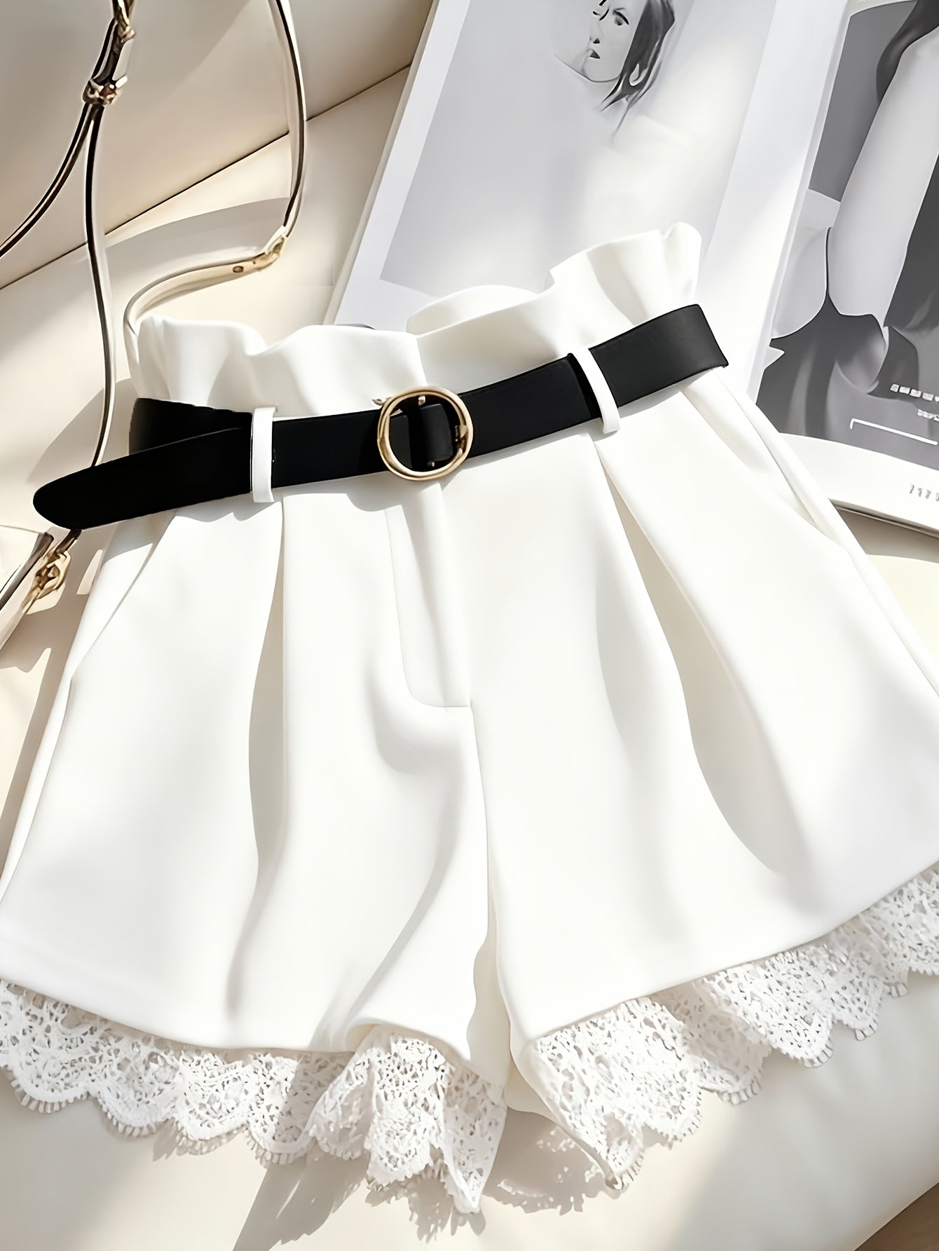 Women's High-Waist Paperbag Shorts with Belt and Lace Trim – Fashionable for Everyday and Special Occasions