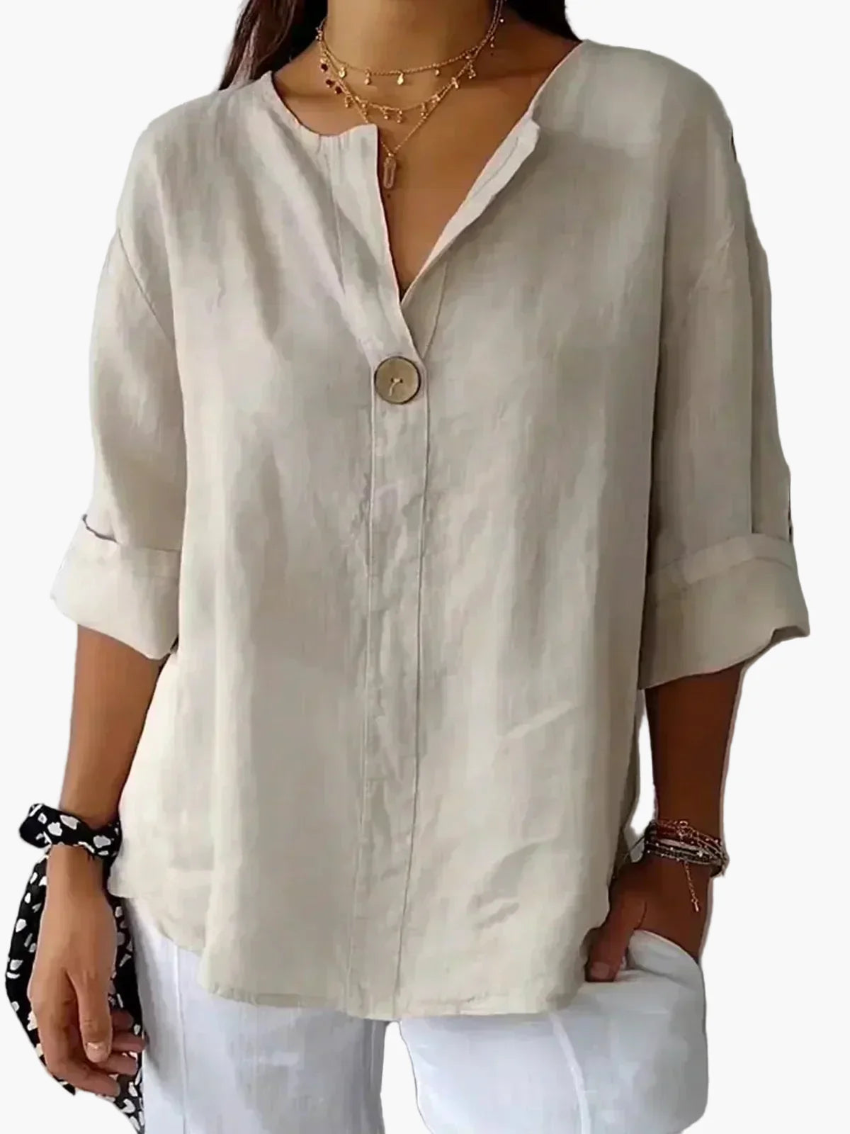 Women's blouse casual loose fit with V-neck and button – perfect for everyday and leisure