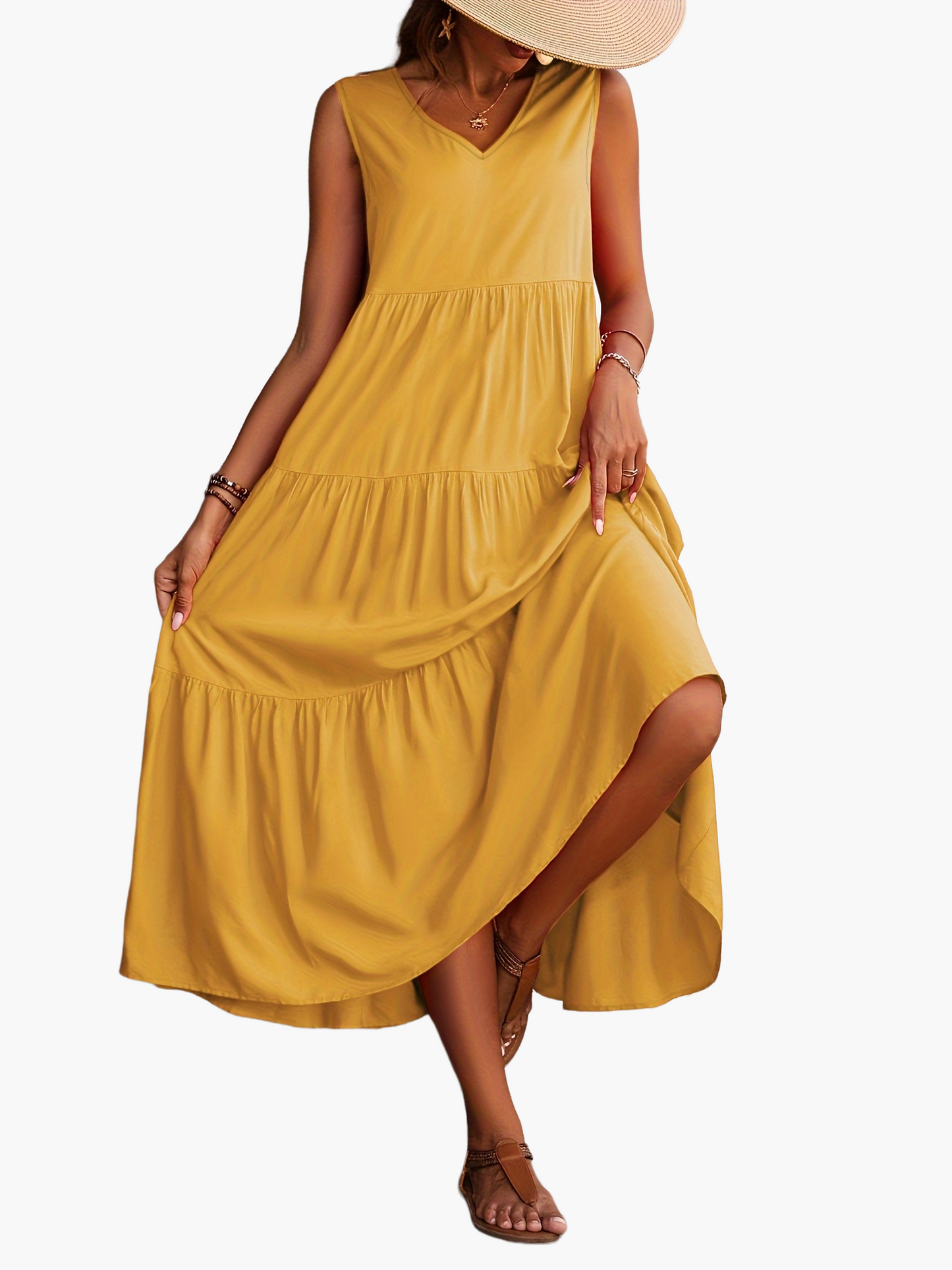 Women's Summer Maxi Dress Elegant with Tiered Skirt and V-Neck – Perfect for Leisure & Vacation