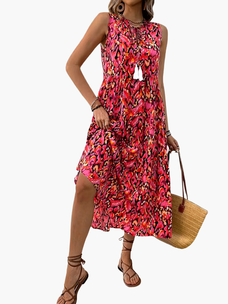 Women's Summer Dress Elegant Sleeveless with Allover Print and Tassels for Leisure and Vacation