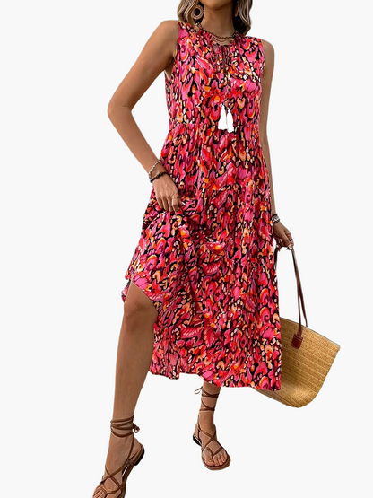 Women's Summer Dress Elegant Sleeveless with Allover Print and Tassels for Leisure and Vacation
