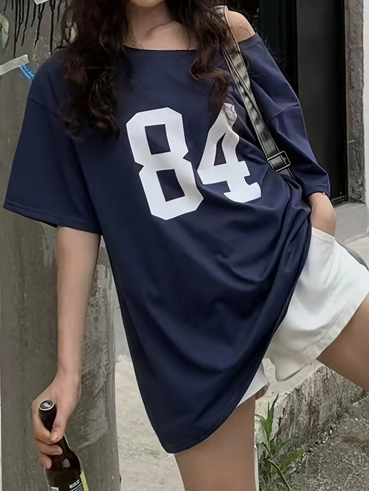Women's Oversize Streetwear T-Shirt with Varsity-Style Number Print – Casual Retro Shirt for Leisure and Everyday Wear