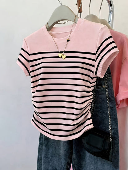 Women's striped T-shirt with ruching – Elegant casual style for summer