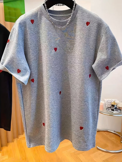 Women's T-Shirt with Embroidery and Heart Pattern – Casual Style, Spring/Summer