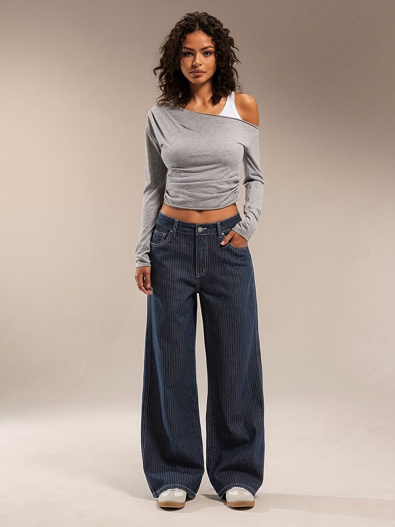 Women's wide-leg striped dark blue jeans