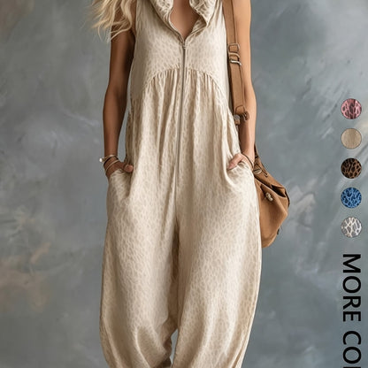 Damen Jumpsuit ärmellos mit Kapuze Animal-Print lockere Passform