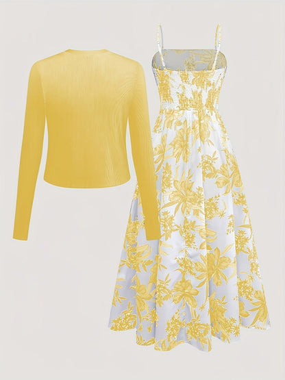 Women's Midi Dress with Floral Pattern and Cardigan Set – Elegant Casual Look for Spring and Summer
