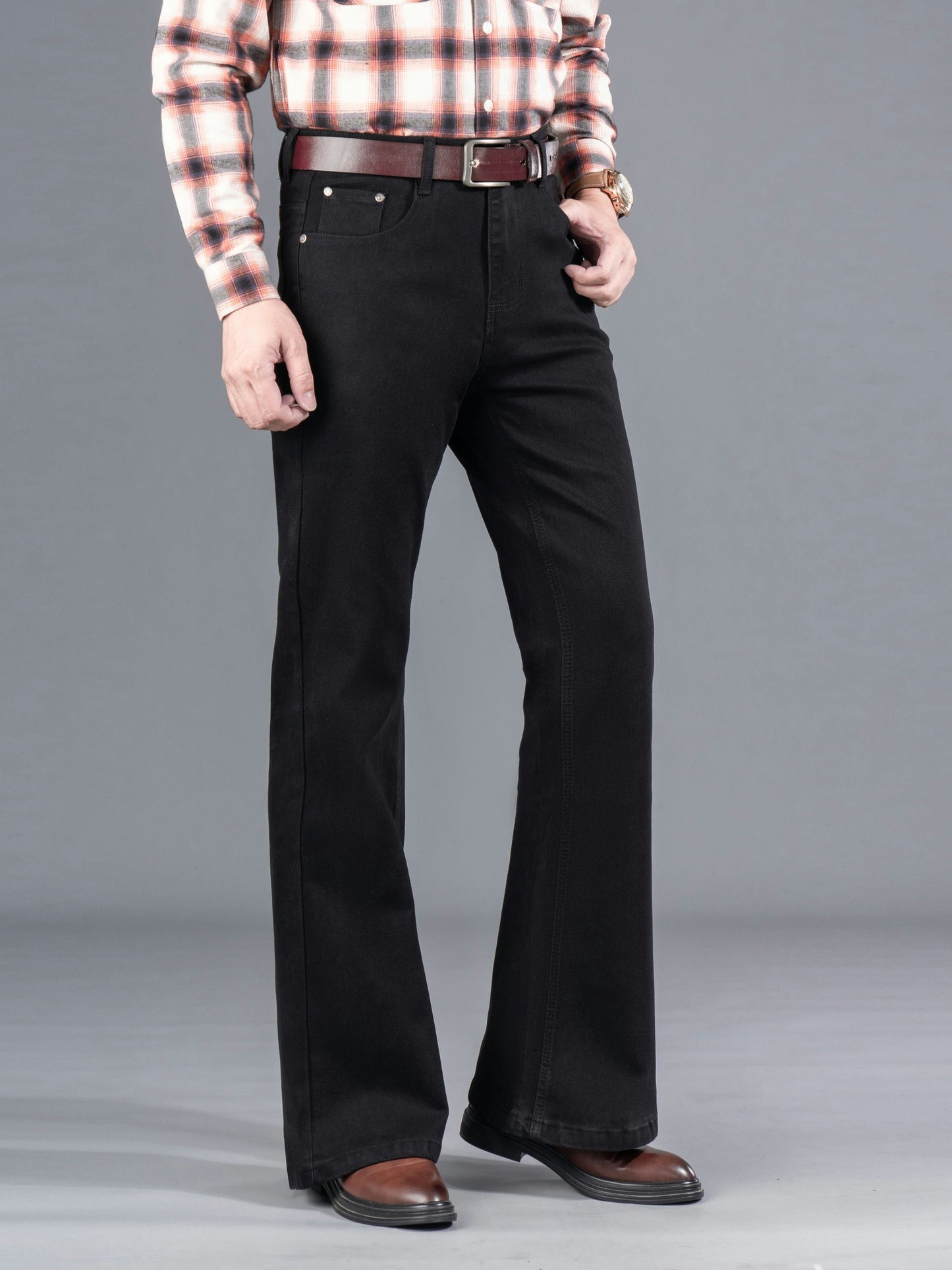 Men's black bootcut jeans with a flared leg, regular fit