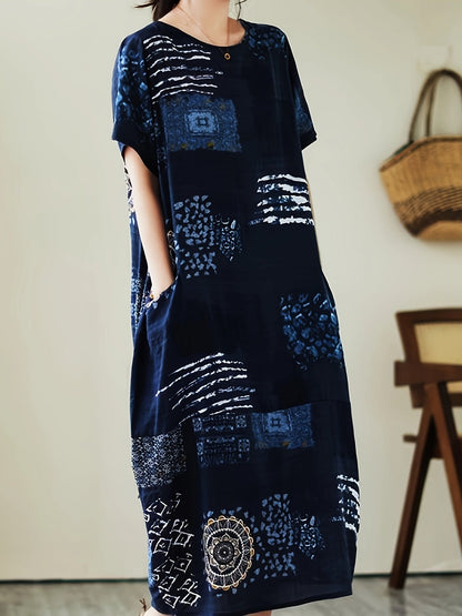 Women's casual dress with geometric print and relaxed fit – short sleeves, casual, ideal for everyday and office use
