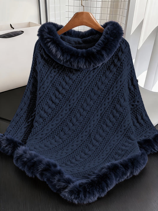 Poncho Damen Strick Zopfmuster mit Kunstpelzbesatz Marineblau