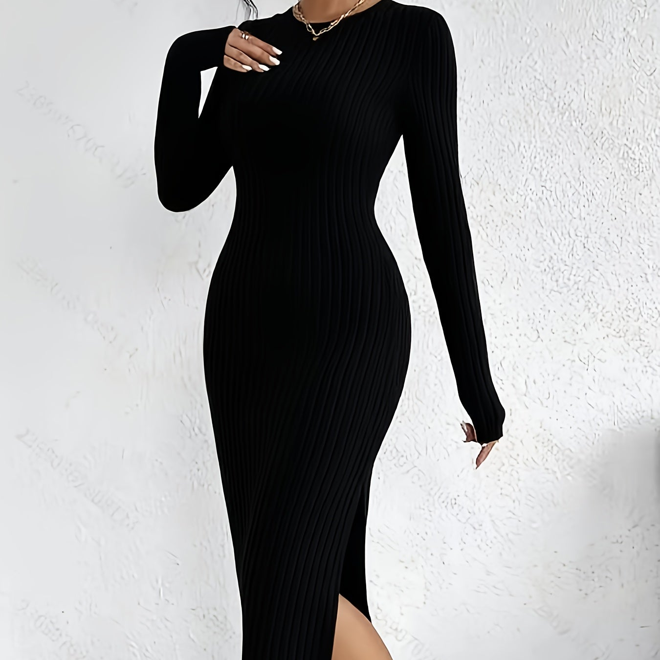 Geripptes Strickkleid Langarm Midi figurbetont mit V-Ausschnitt