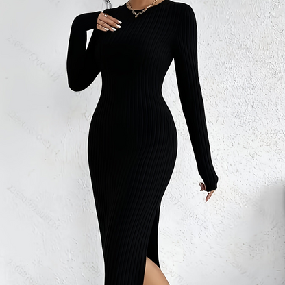 Geripptes Strickkleid Langarm Midi figurbetont mit V-Ausschnitt