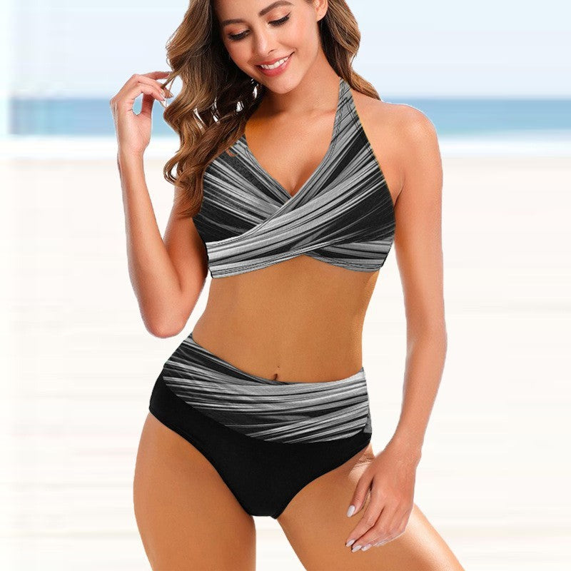Women's High Waist Bikini Set – Striped, Modern, Sexy, Ideal for Beach & Swimming Pool