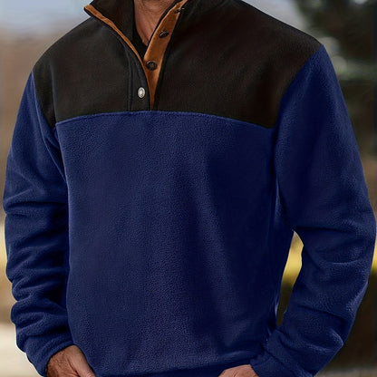 Herren Fleece-Pullover Stehkragen Knopfleiste Patchwork Outdoor