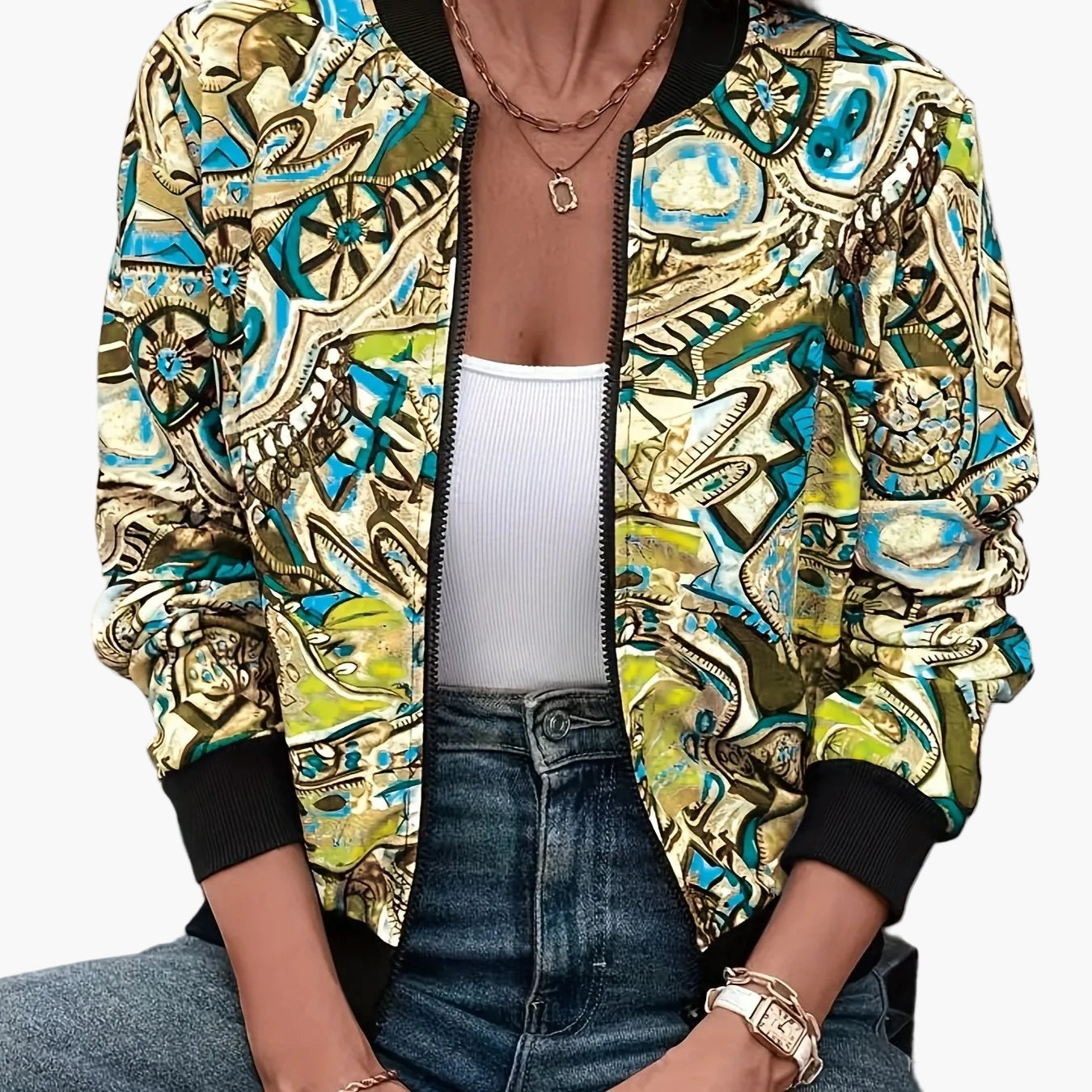 Women's bomber jacket with cartoon print for leisure and vacation