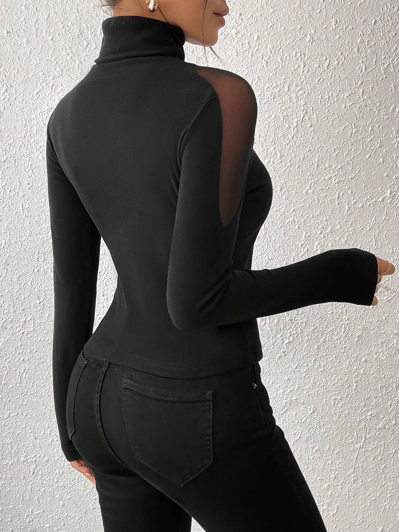 Damen Rollkragen-Oberteil mit transparenten Ärmeldetails, Schwarz