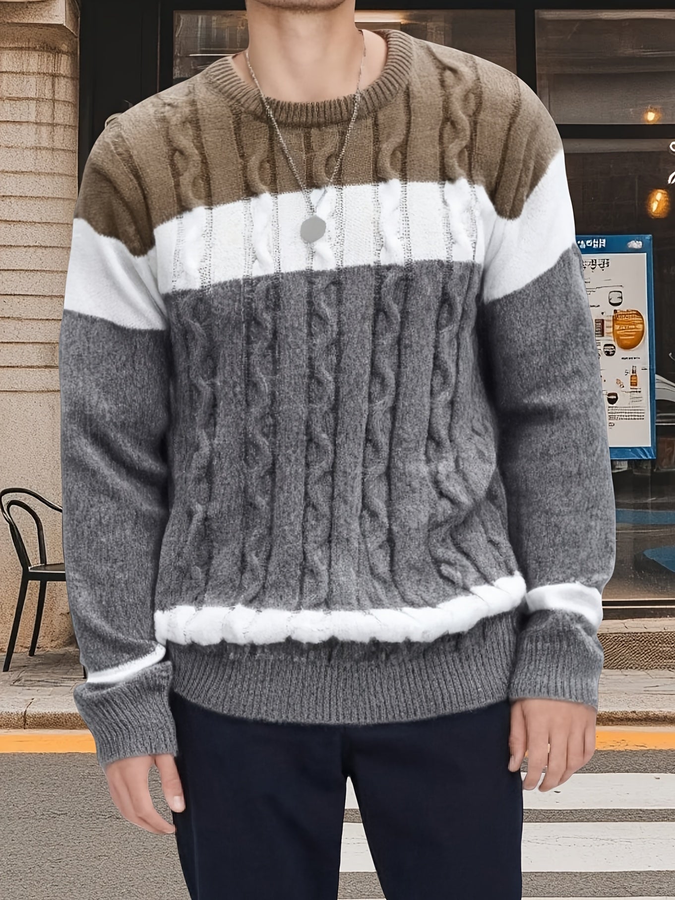 Herren Grobstrick Pullover mit Zopfmuster, farbblockiert, Rundhalsausschnitt
