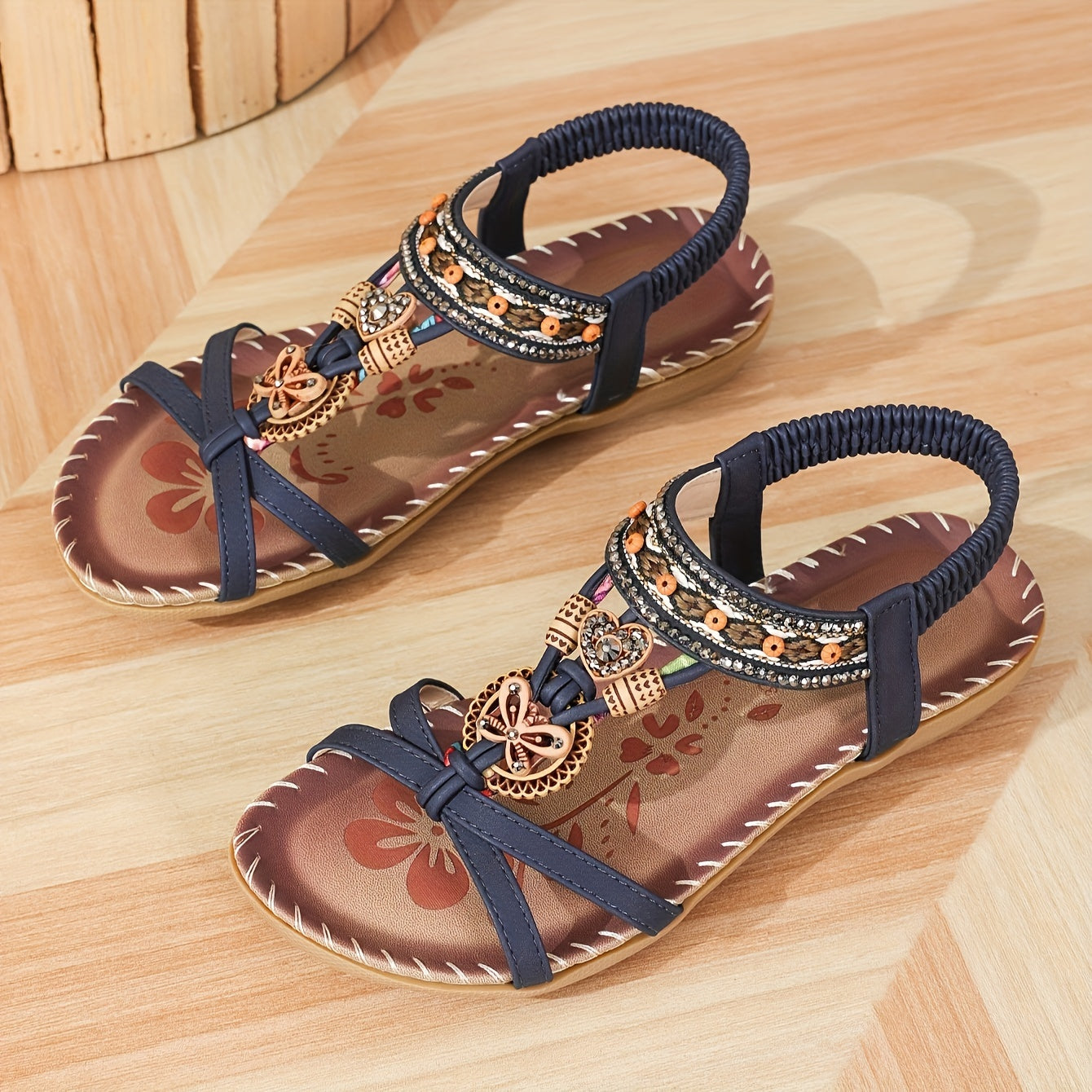 Women's Boho Sandals with Decorative Jewelry and Elastic Ankle Strap – Comfortable Summer Shoes for Casual Wear and Vacation