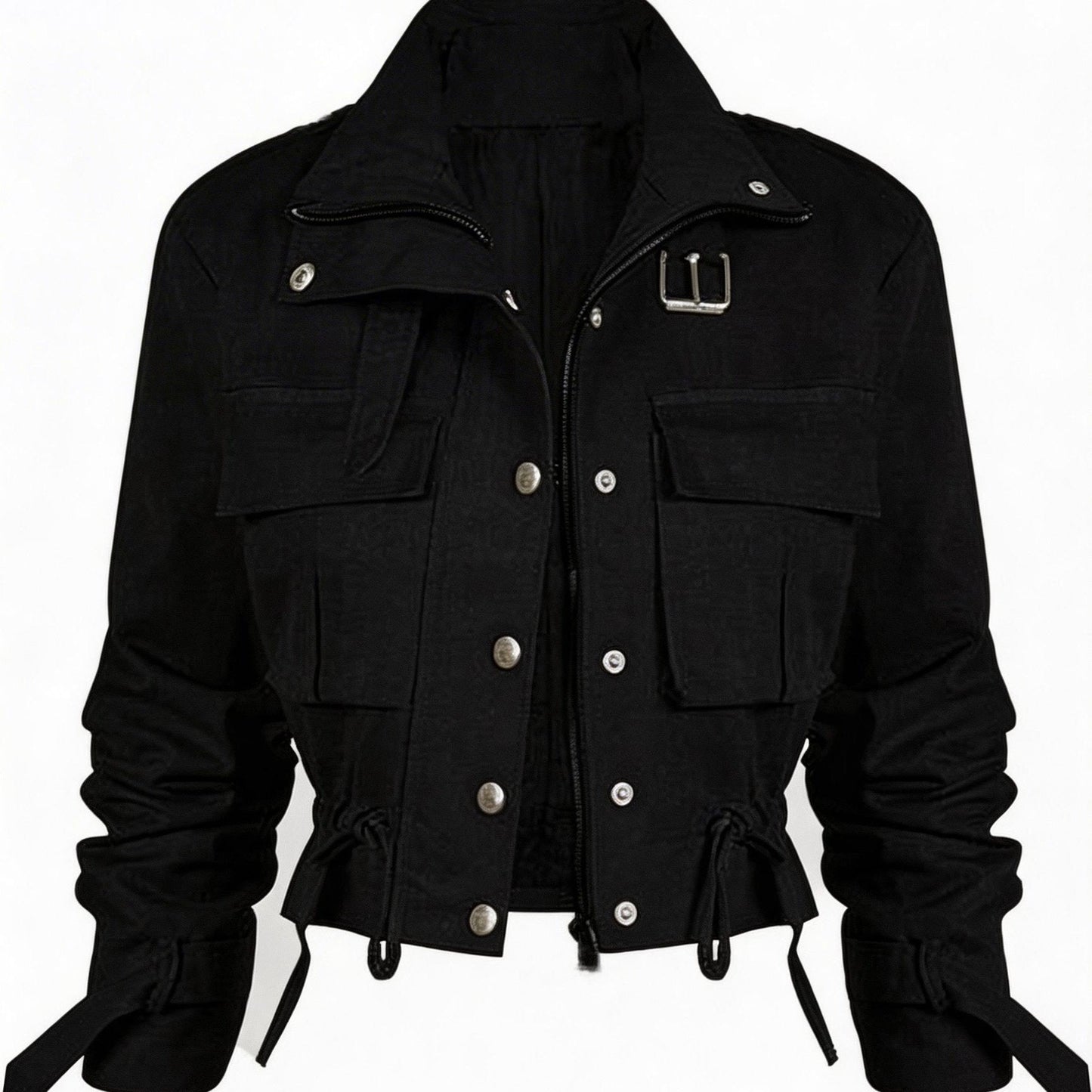 Short women's transitional jacket with zip, buttons & flap pockets