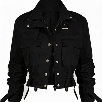 Short women's transitional jacket with zip, buttons & flap pockets