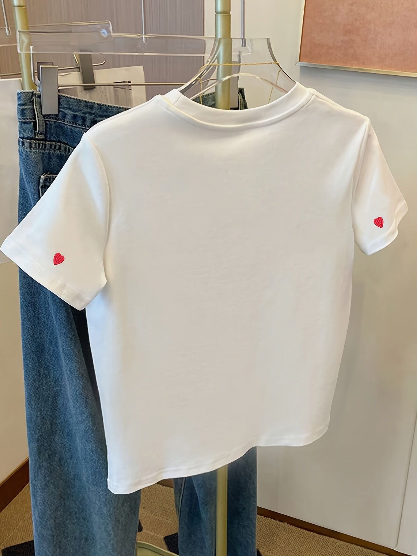 Women's T-Shirt with Embroidery and Heart Pattern – Casual Style, Spring/Summer