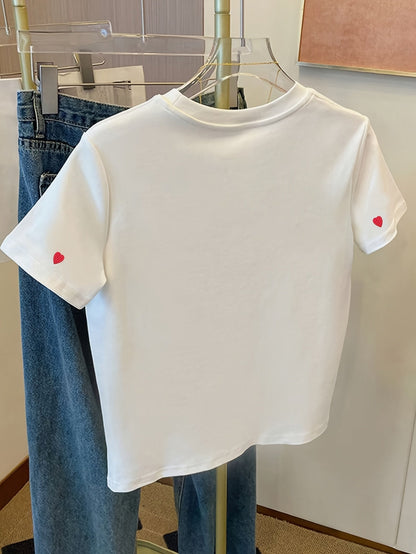 Women's T-Shirt with Embroidery and Heart Pattern – Casual Style, Spring/Summer