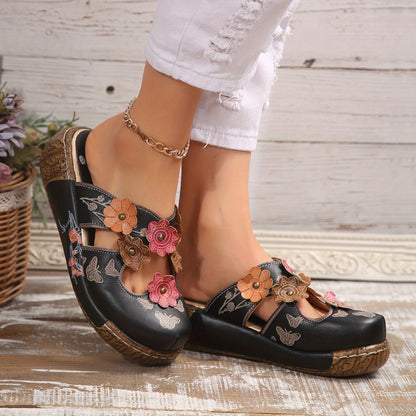Women's Comfortable Wedge Heel Clogs with Flower Appliqué – Casual Boho Slip-On Shoes