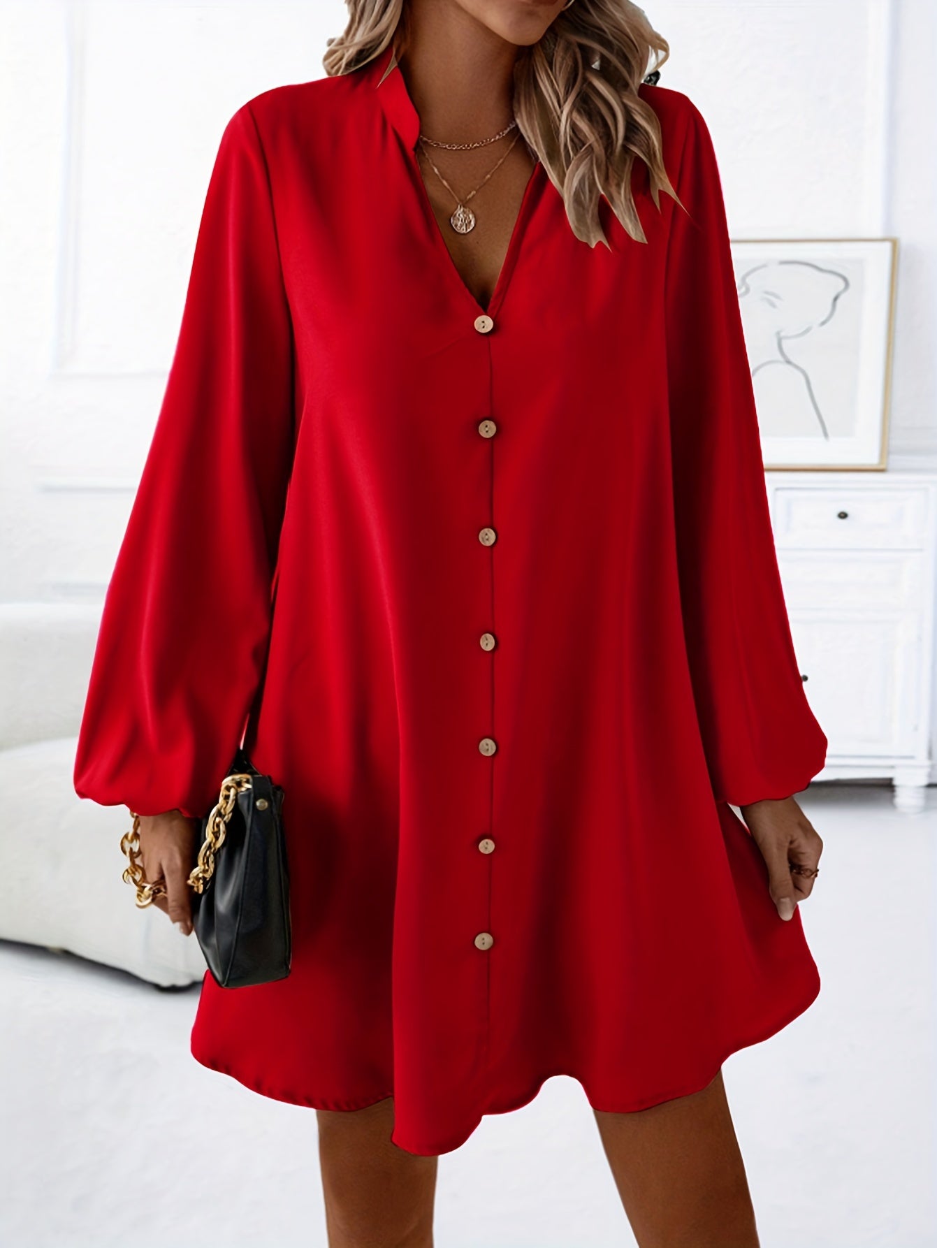 Damen Freizeitkleid mit Knopfleiste, A-Linien Schnitt, V-Ausschnitt, eleganter Alltagsstil