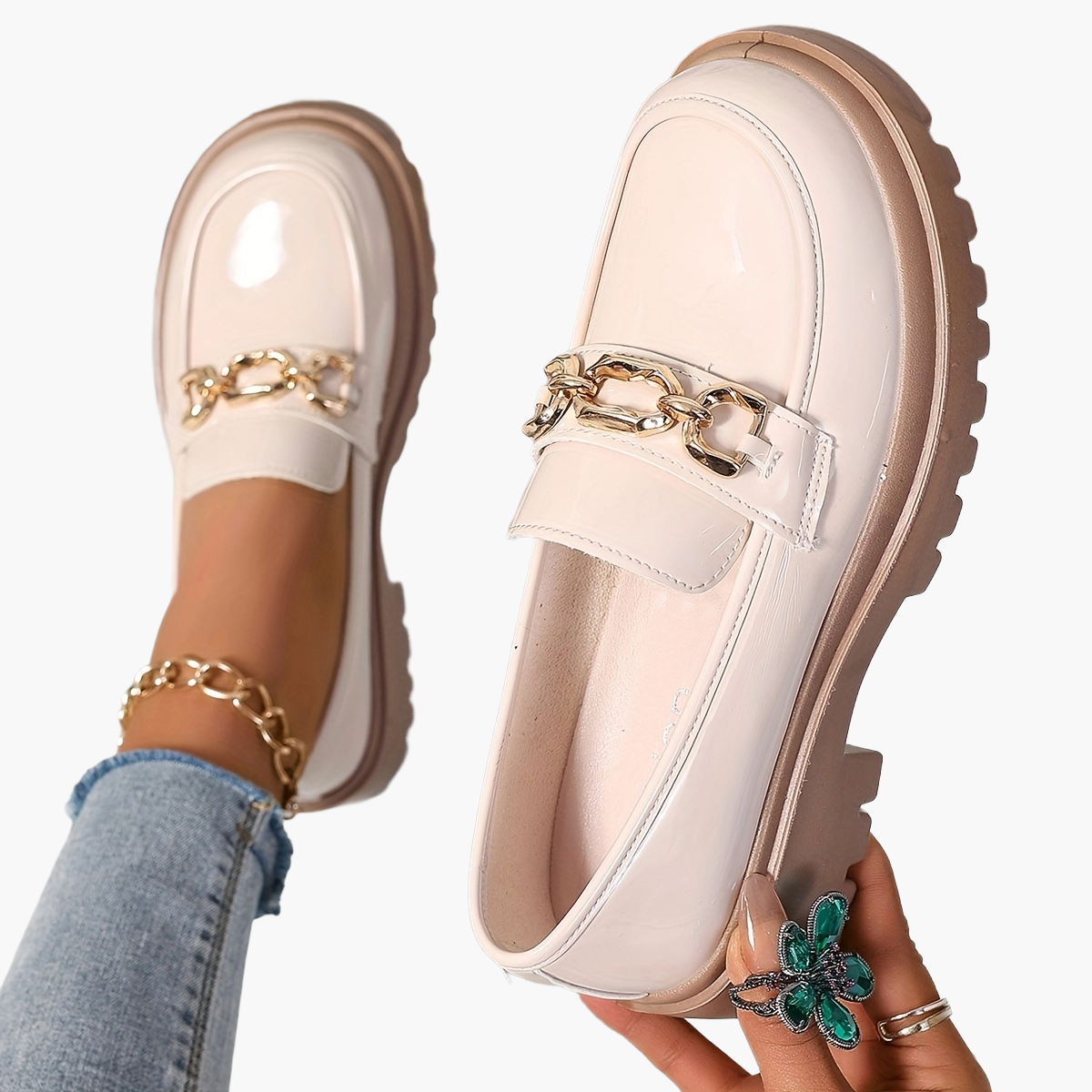 Women's Loafers with Chain Detail and Platform – Fashionable Slip-On for Everyday and Leisure