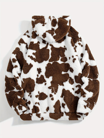 Teddyfleece Hoodie Kuhflecken-Muster mit Kängurutasche und Kapuze