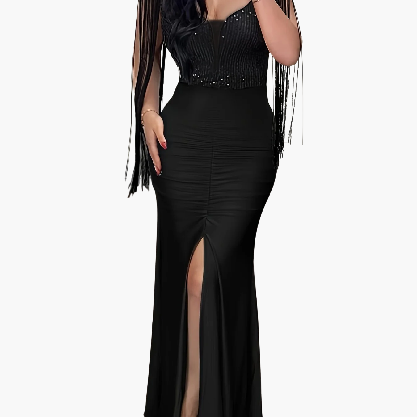 Women's Elegant Evening Dress with Fringe and Slit – Bodycon Maxi Dress for Formal Occasions