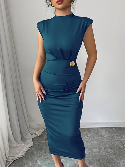 Women's Elegant Bodycon Midi Dress with Shoulder Pads – Perfect for Special Occasions and Business