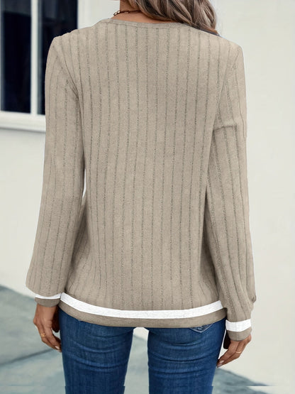 Women's V-neck knitted sweater with striped details, long sleeves, ribbed texture