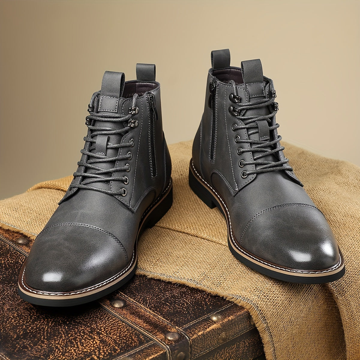 Men's brown lace-up ankle boots with cap toe and durable sole
