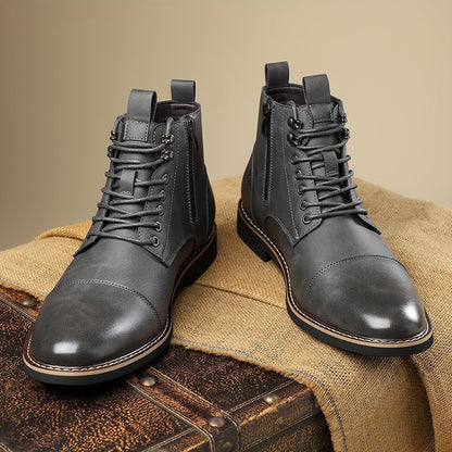 Men's brown lace-up ankle boots with cap toe and durable sole