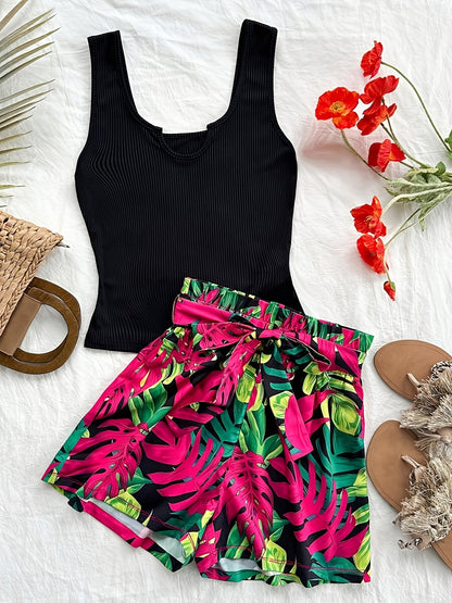 Women's Summer Two-Piece Set – Tropical Shorts and Ribbed Top for Vacation and Leisure