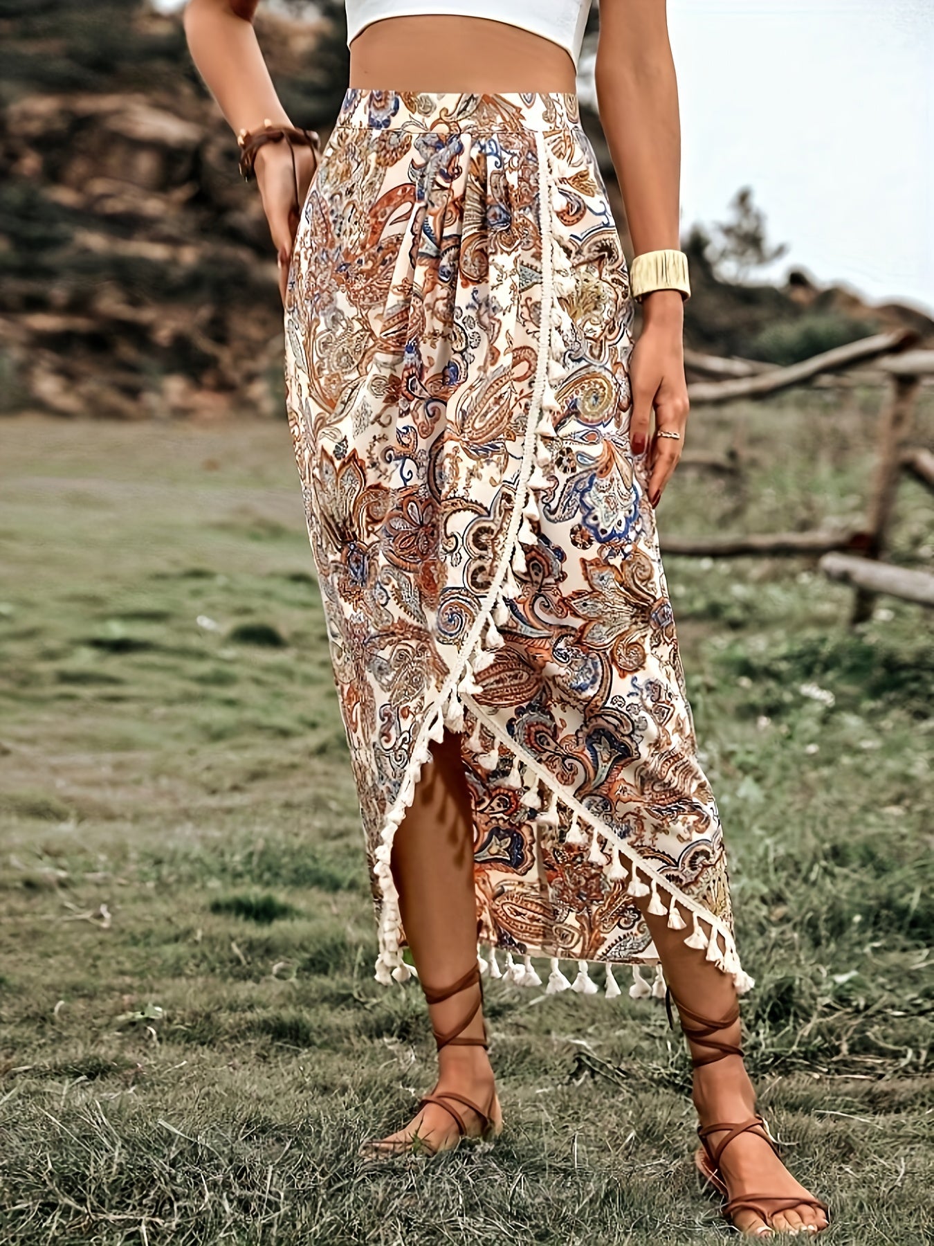 Women's Boho Wrap Midi Skirt with Paisley Pattern and Tassels – Summer Festival Style