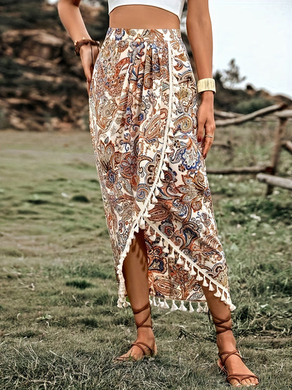Women's Boho Wrap Midi Skirt with Paisley Pattern and Tassels – Summer Festival Style