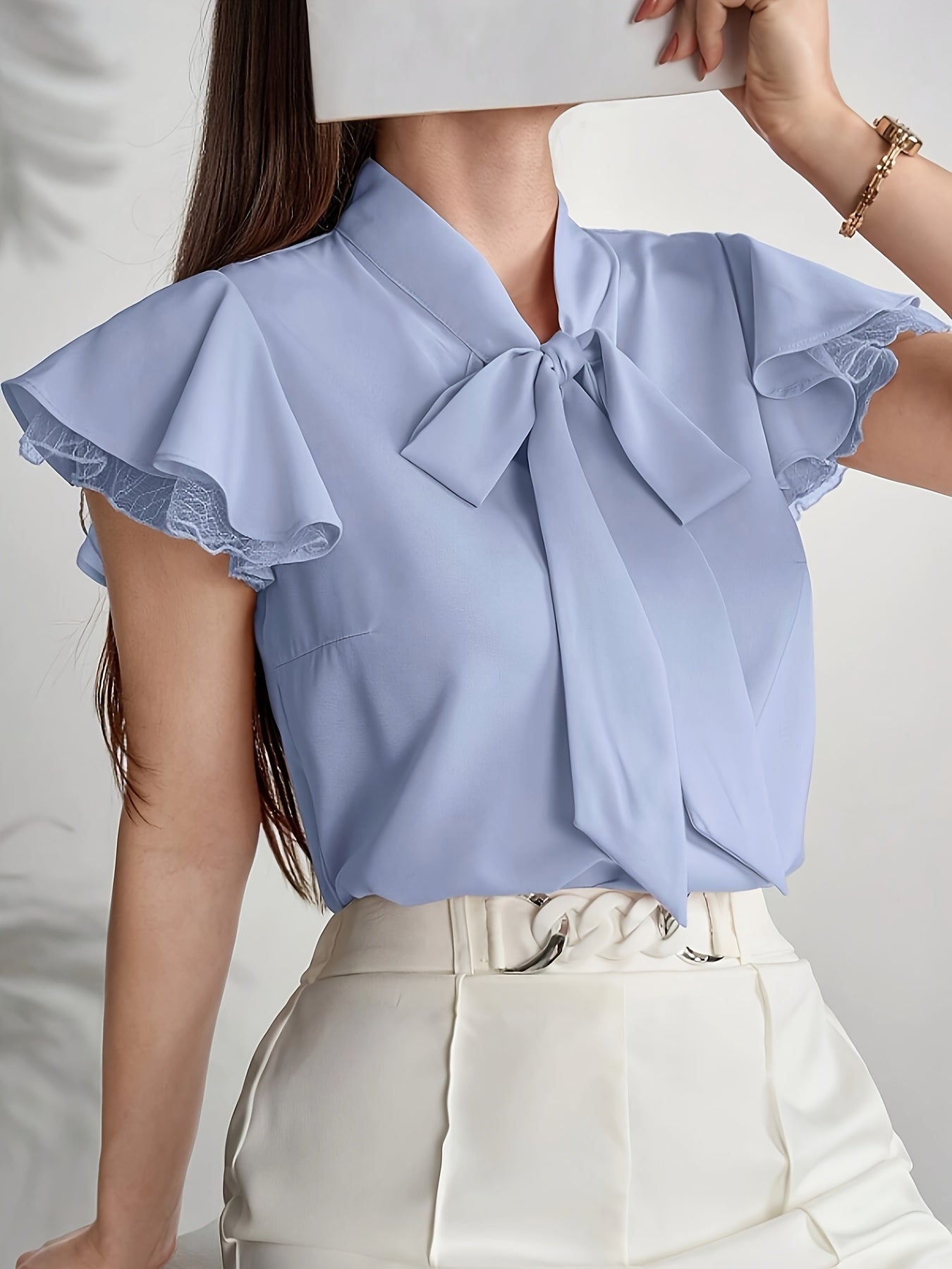 Women's blouse with bow and ruffle sleeves – Elegant office and casual style