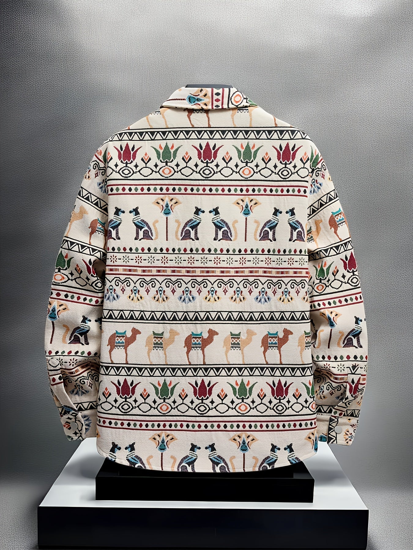 Men's casual long-sleeve shirt, patterned, ethnic print, beige