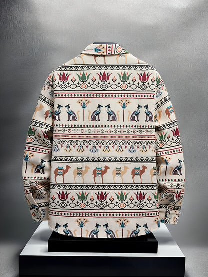 Men's casual long-sleeve shirt, patterned, ethnic print, beige