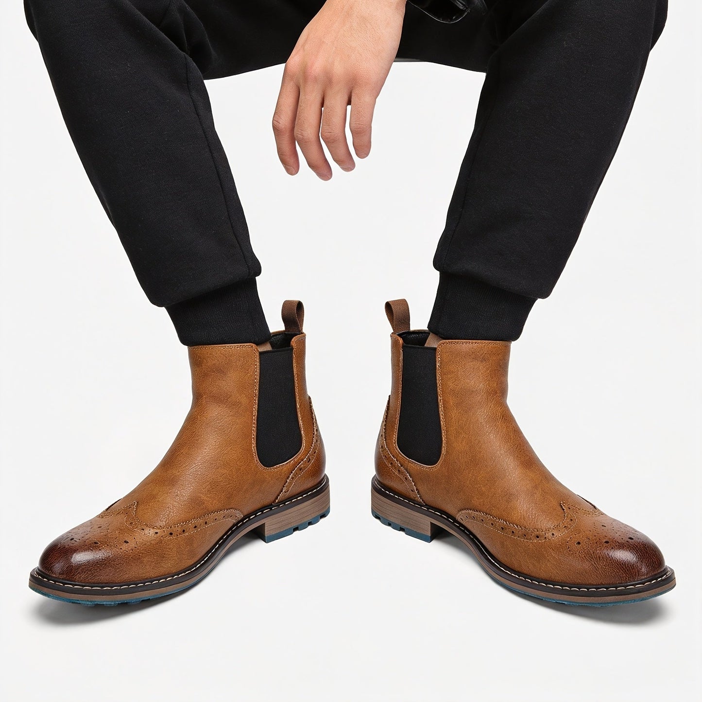 Brown Men's Chelsea Boots with Brogue Design and Elastic Inserts