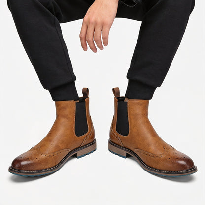 Brown Men's Chelsea Boots with Brogue Design and Elastic Inserts