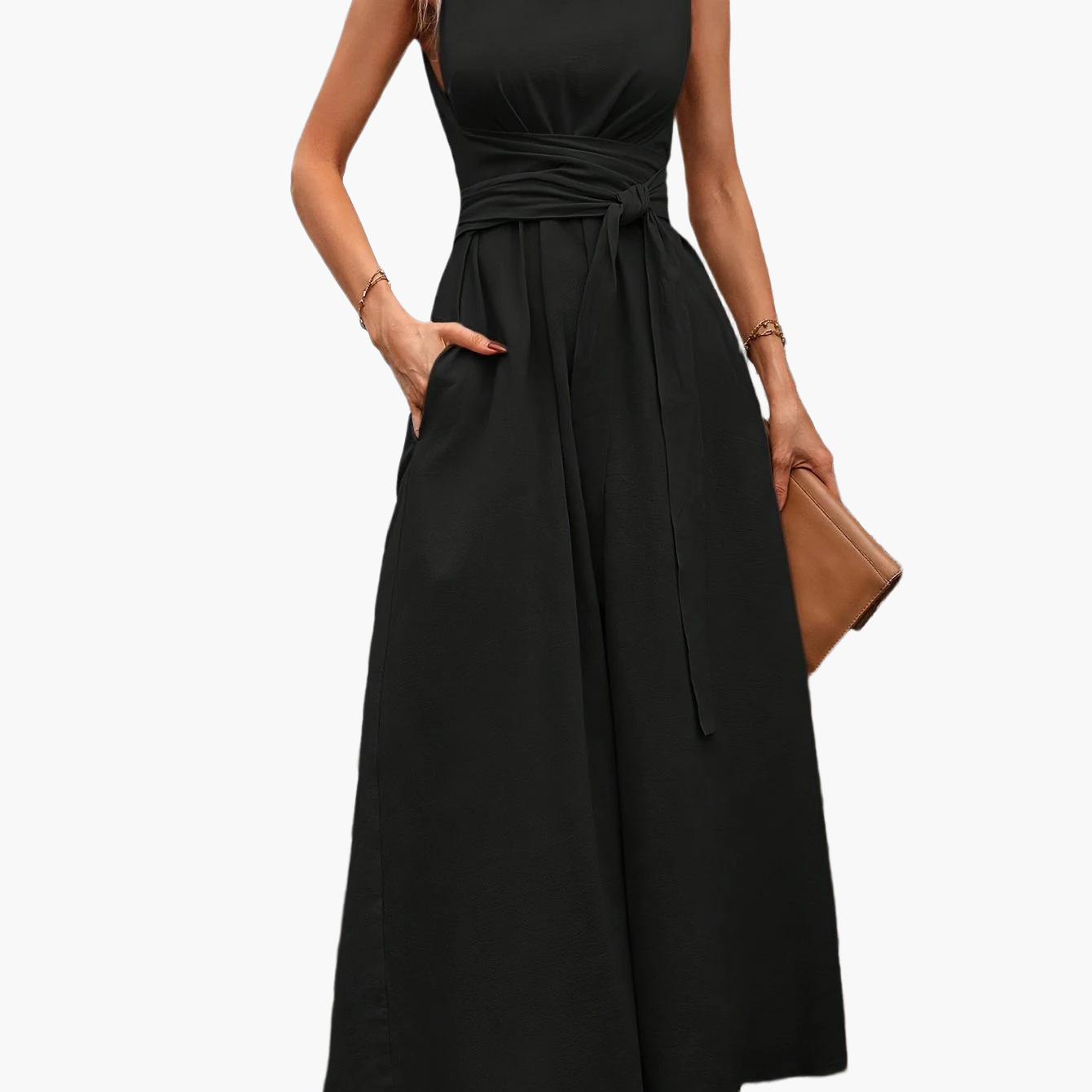 Women's Elegant Sleeveless Jumpsuit with Tie Belt and Wide Legs – Perfect for Summer and Leisure