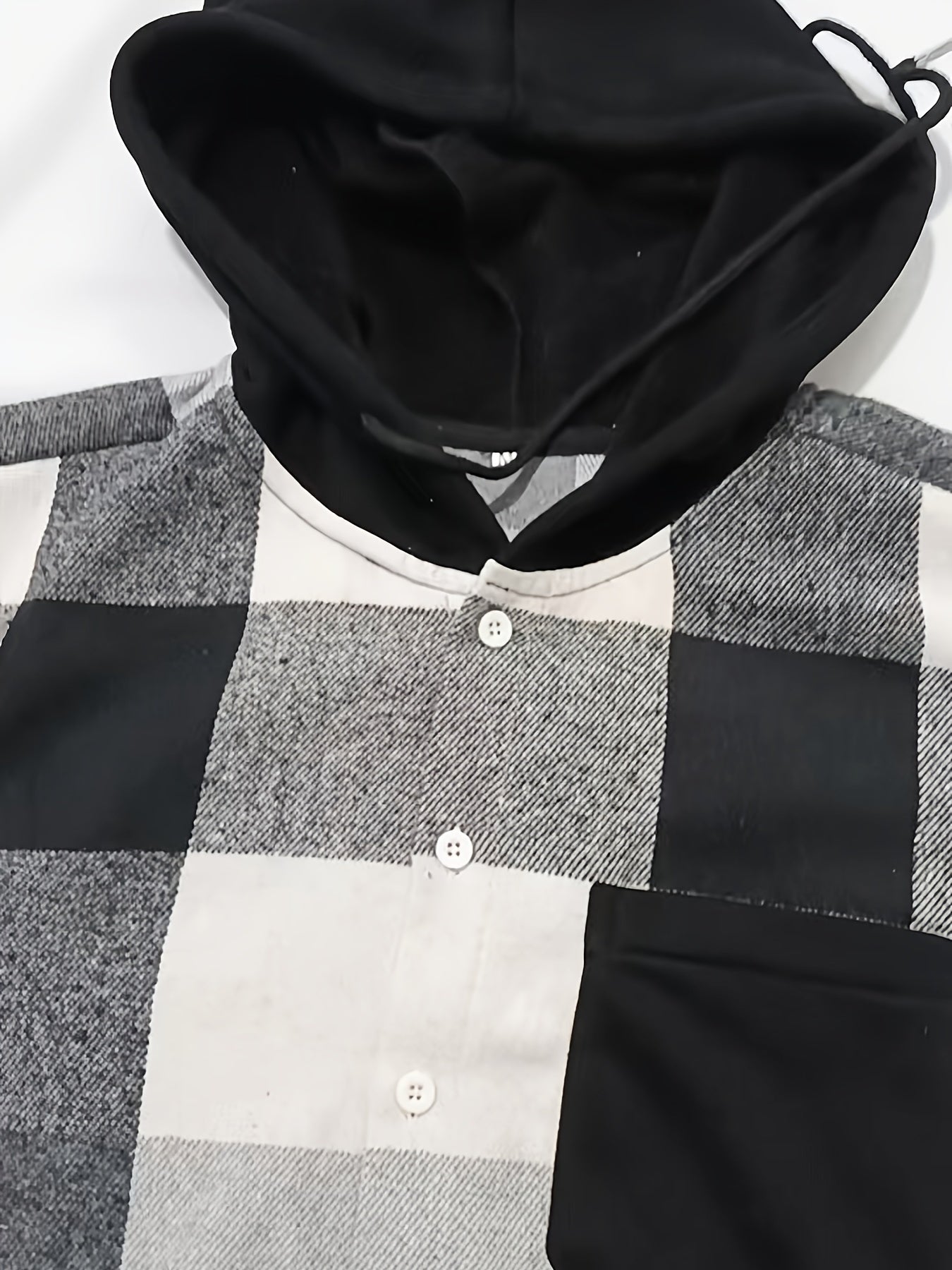 Men's checkered hooded shirt, button placket, black and white